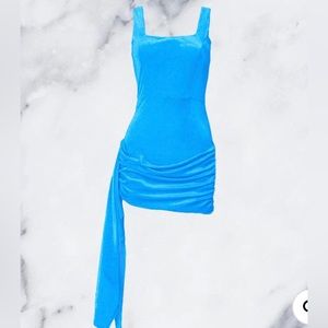 OCEAN BLUE VELVET RUCHED HEM SASH MINI DRESS